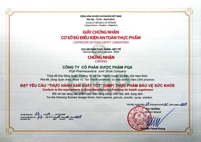 Giấy chứng nhận sản phẩm PQA